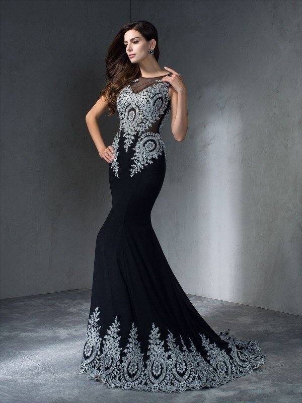 Trumpet/Mermaid Scoop Applique Sleeveless Long Chiffon Dresses - RongMoon