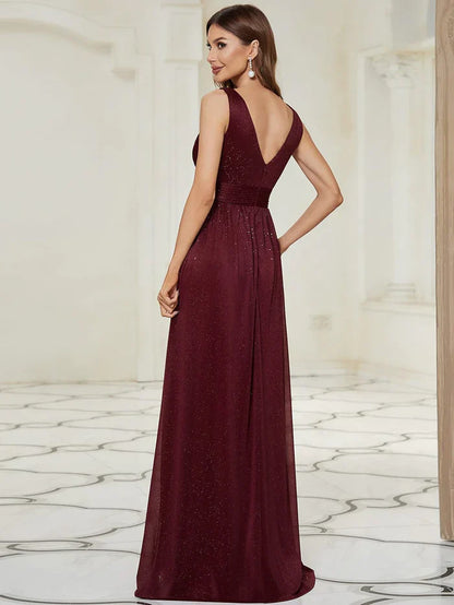 Aimishang Double V Neck Floor Length Sparkly Evening Dresses for Party