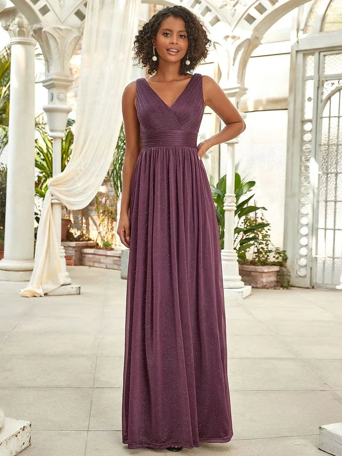 Aimishang Double V Neck Floor Length Sparkly Evening Dresses for Party