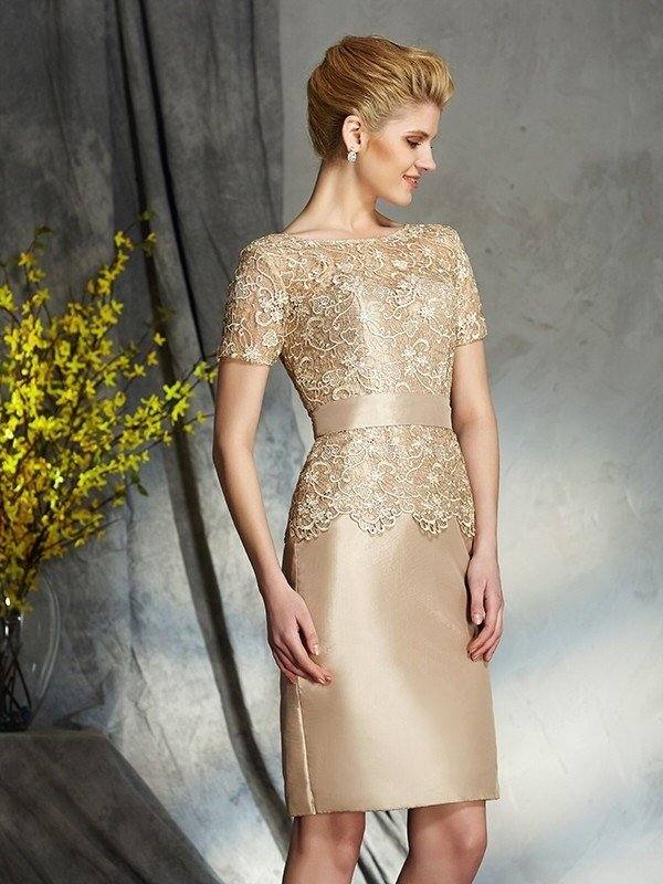 Sheath/Column Bateau Applique Short Sleeves Short Taffeta Mother of the Bride Dresses - RongMoon