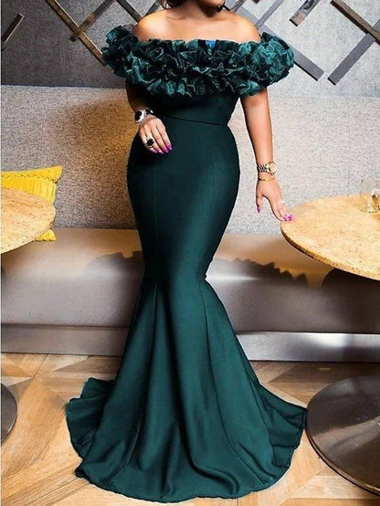 Mermaid / Trumpet Elegant Sexy Engagement Formal Evening Dress Off Shoulder Short Sleeve Sweep / Brush Train Stretch Satin with Sleek - RongMoon