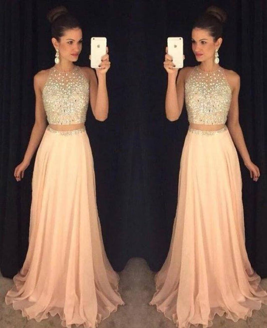 Two Pieces Robe De Soiree A-line Chiffon Beaded Crstals Sexy Long Women Party Prom Dresses Prom Gown Evening Dresses - RongMoon