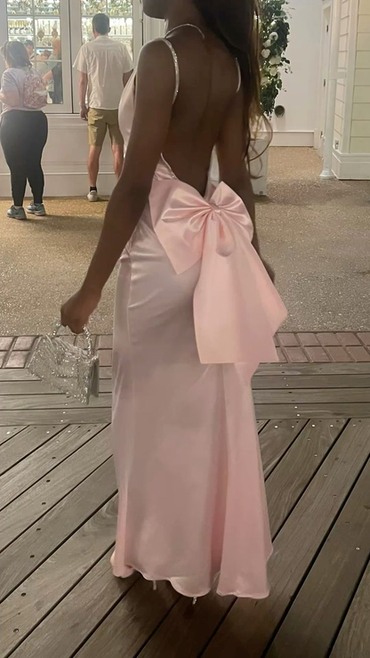 Charming Pink Beaded Spaghetti Straps Prom Dress With Bow,Mermaid Backless Party Dress S188