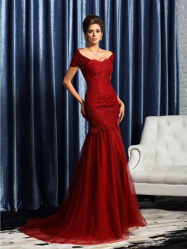 Trumpet/Mermaid Off-the-Shoulder Beading Short Sleeves Long Satin Mother of the Bride Dresses - RongMoon