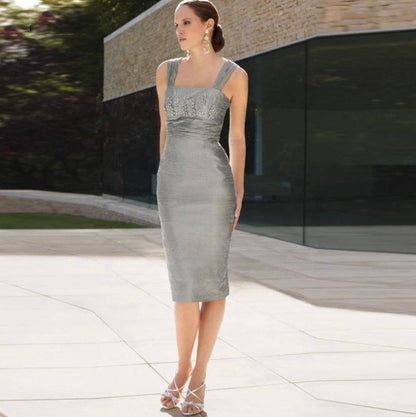 Gray Mother Of The Bride Dresses Sheath Flowers Beaded With Jacket Short Wedding Party Dress Mother Dresses For Wedding - RongMoon