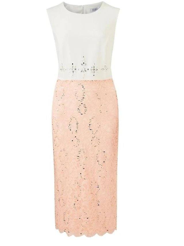Sheath / Column Mother of the Bride Dress Elegant Jewel Neck Tea Length Lace Stretch Satin 3/4 Length Sleeve with Lace Beading Appliques - RongMoon