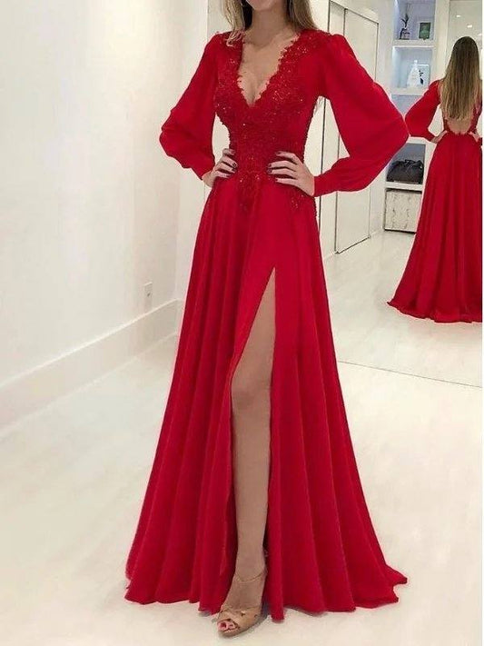 A-Line/Princess Long Sleeves V-neck Sweep/Brush Train Applique Chiffon Dresses - RongMoon