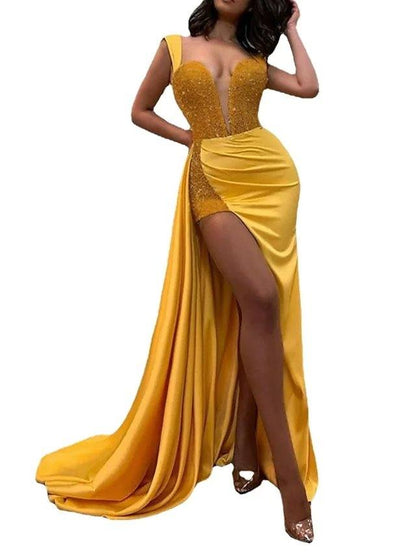 Mermaid / Trumpet Glittering Sexy Engagement Formal Evening Dress Scoop Neck Sleeveless Sweep / Brush Train Satin with Split Overskirt - RongMoon