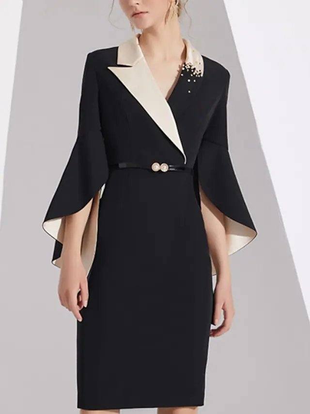 Sheath / Column Mother of the Bride Dress Elegant Shirt Collar Knee Length Charmeuse Long Sleeve with Sash / Ribbon Beading - RongMoon