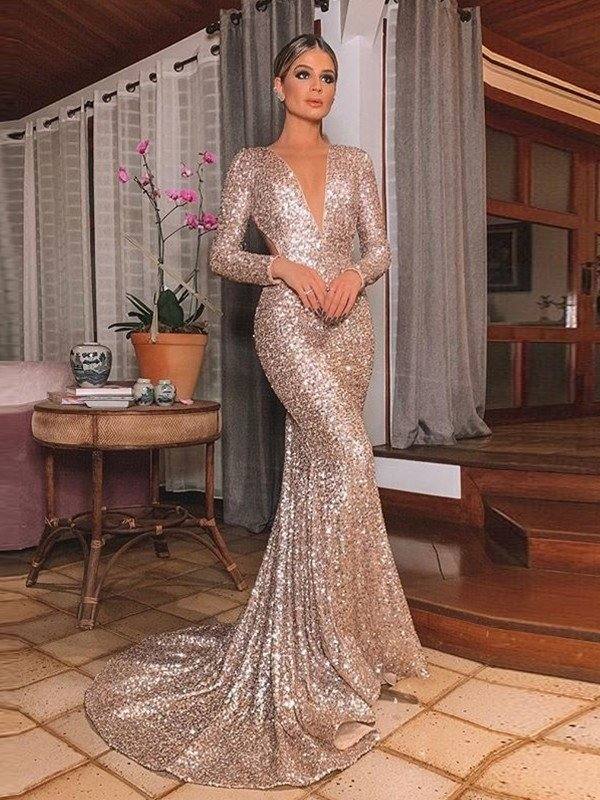 Trumpet/Mermaid Sequins Long Sleeves V-neck Sweep/Brush Train Ruffles Dresses - RongMoon