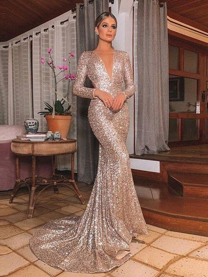 Trumpet/Mermaid Sequins Long Sleeves V-neck Sweep/Brush Train Ruffles Dresses - RongMoon