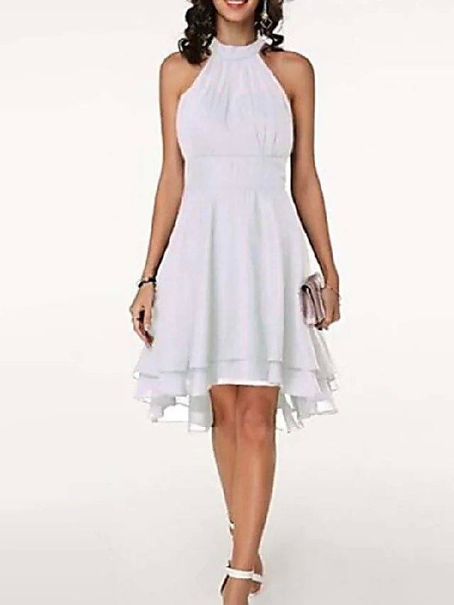 A-Line Flirty Empire Engagement Cocktail Party Dress Halter Neck Sleeveless Knee Length Chiffon with Sleek Tier - RongMoon