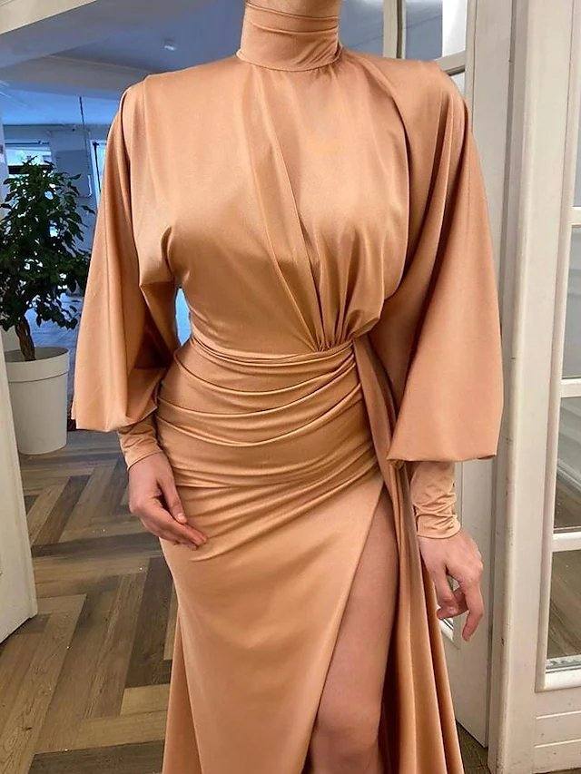 Sheath / Column Minimalist Elegant Engagement Prom Dress High Neck Long Sleeve Sweep / Brush Train Stretch Satin with Ruched Split - RongMoon