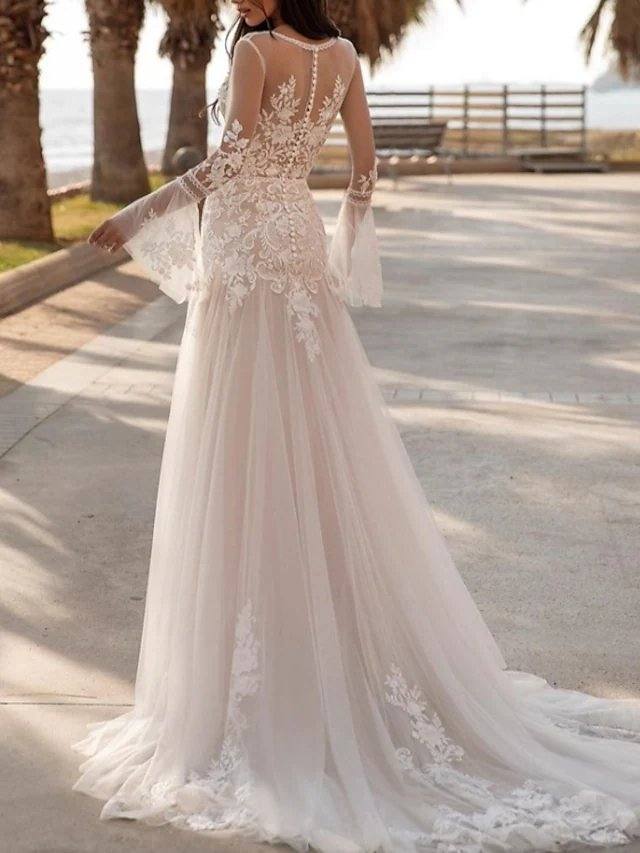 A-Line Wedding Dresses V Neck Sweep / Brush Train Lace Tulle Long Sleeve Beach Sexy Luxurious with Appliques - RongMoon