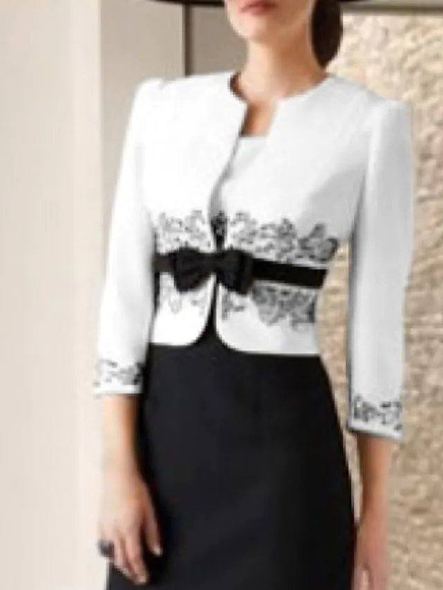 Two Piece Sheath / Column Mother of the Bride Dress Elegant Jewel Neck Knee Length Lace Satin 3/4 Length Sleeve with Bow(s) Appliques - RongMoon