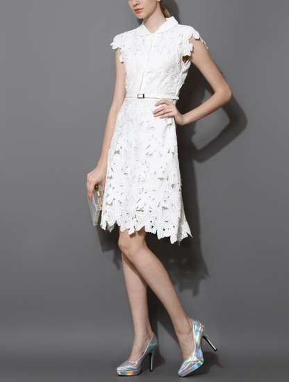 Full flower cut off midi dress women White Lace Midi Mid-Length Night Out Homecoming Dress c2615