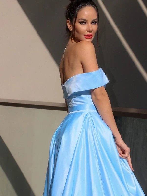 A-Line/Princess Satin Ruffles Off-the-Shoulder Sleeveless Sweep/Brush Train Dresses - RongMoon