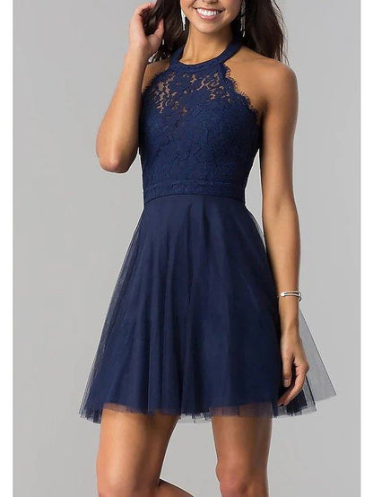 A-Line Hot Beautiful Back Homecoming Cocktail Party Dress Halter Neck Sleeveless Short / Mini Lace Tulle with Lace Insert - RongMoon