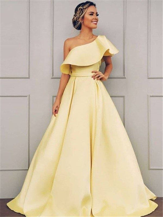A-Line/Princess Sleeveless One-Shoulder Floor-Length Ruffles Satin Dresses - RongMoon