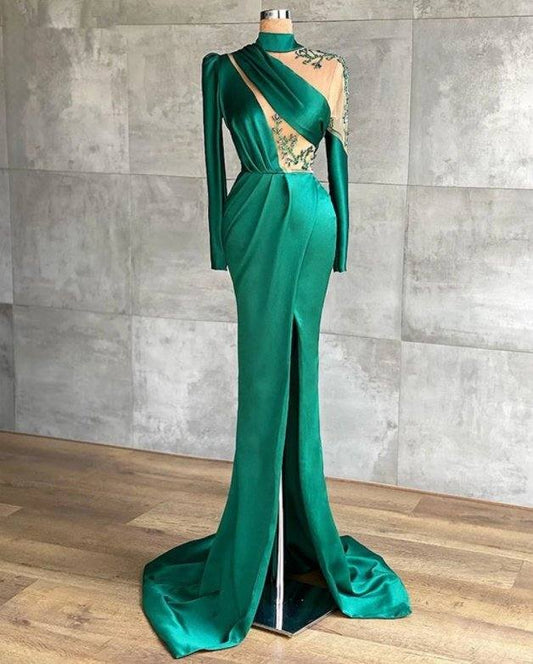 Green Robe De Soiree Sheath Long Sleeves Satin Beaded Slit Sexy Long Prom Dresses Prom Gown Evening Dresses - RongMoon