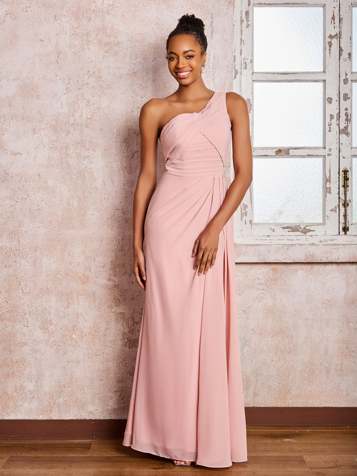 Backless One-Shoulder Pleated Chiffon Dresses with Slit Dusty Rose