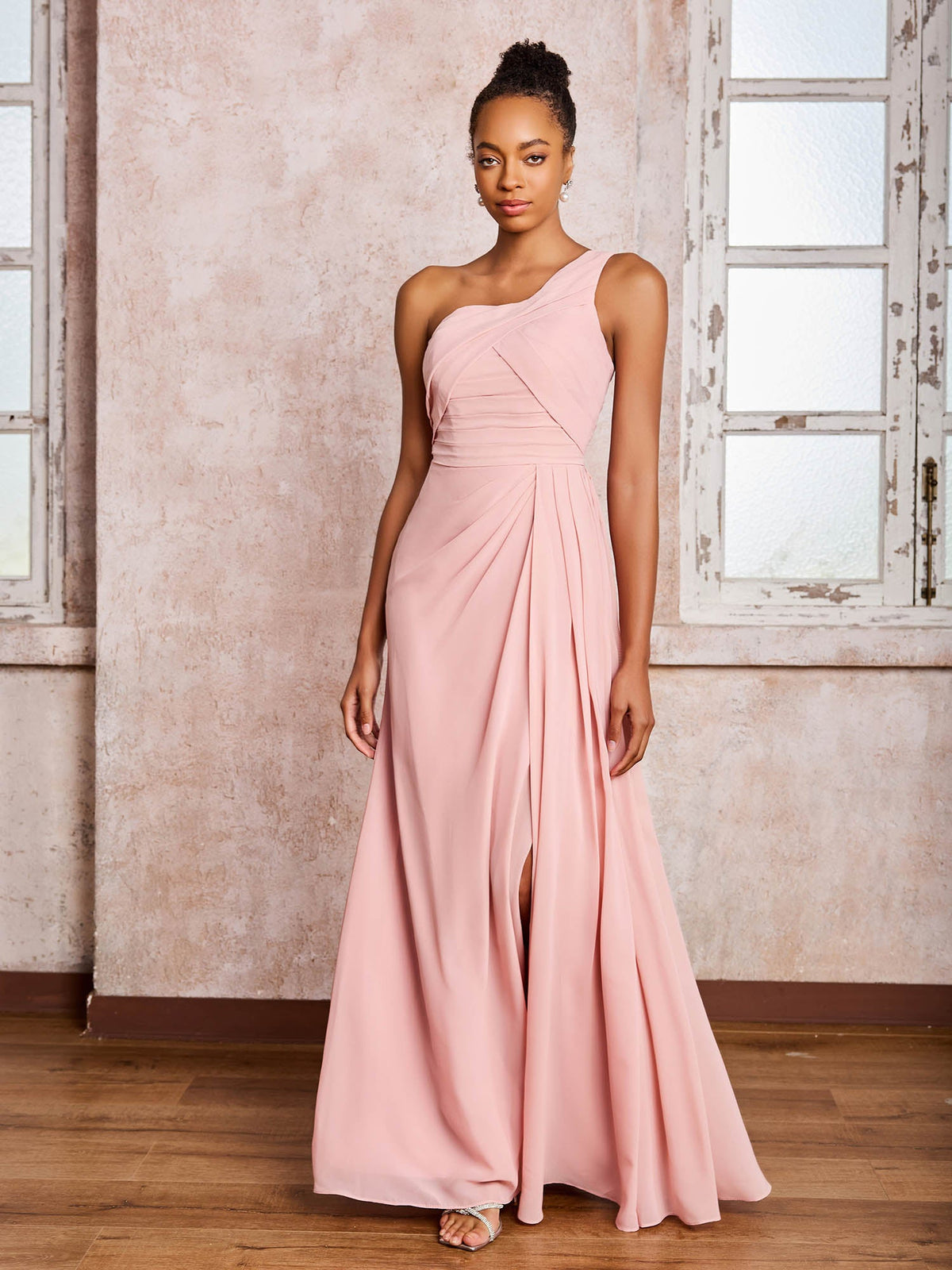 Backless One-Shoulder Pleated Chiffon Dresses with Slit Dusty Rose