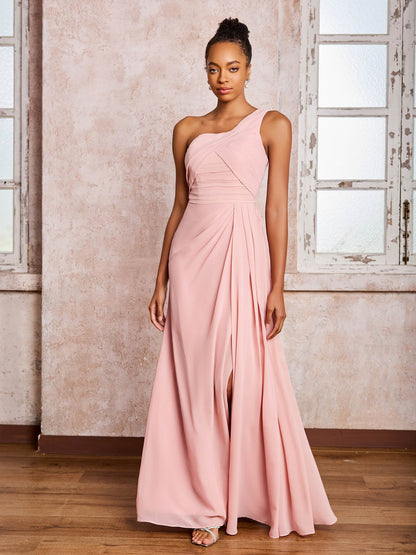Backless One-Shoulder Pleated Chiffon Dresses with Slit Dusty Rose