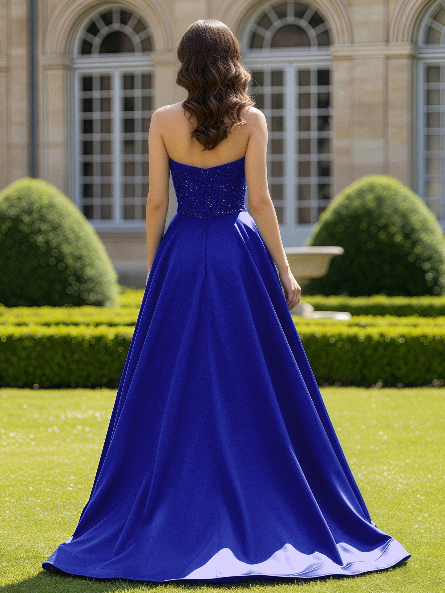 Satin Strapless Ball Gown Appliqued Prom Dress With Sweep Train Royal Blue