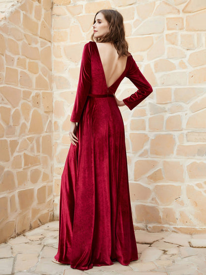 Long Sleeves Plunging V-Neck Velvet Dress With Slit Burgundy