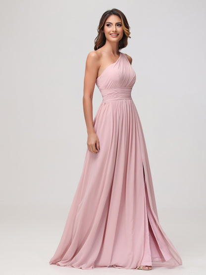One Shoulder Sleeveless Ruched Chiffon A-line Dress Dusty Rose