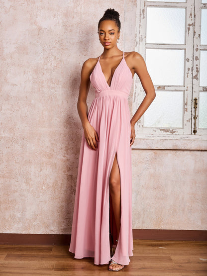 Plunging V-neck Criss-Cross Straps Ruched Chiffon Dresses with Slit Dusty Rose