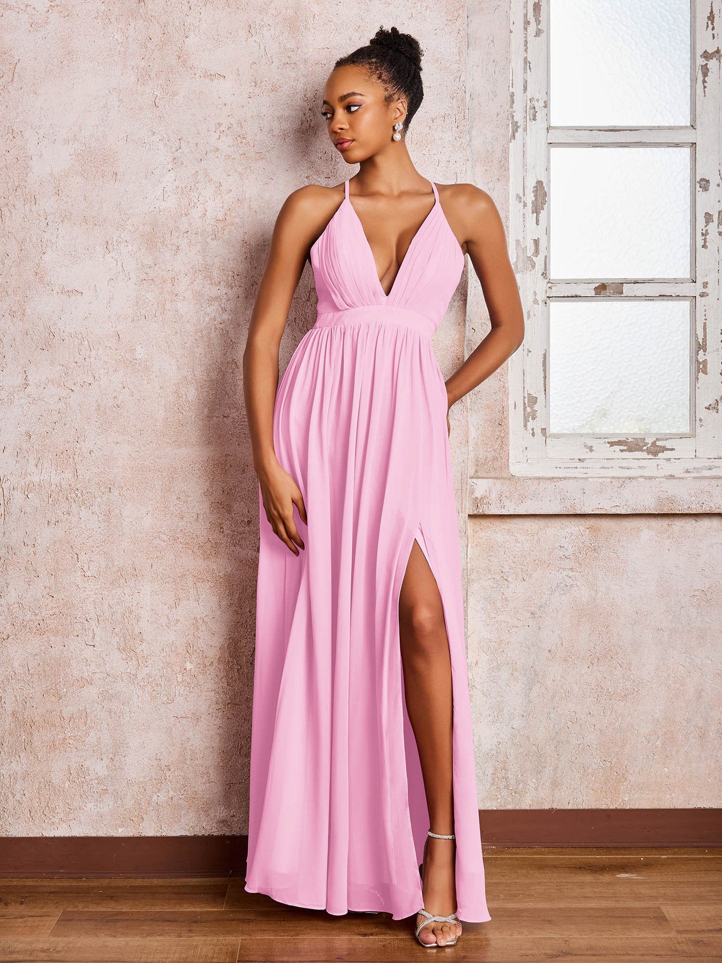Plunging V-neck Criss-Cross Straps Ruched Chiffon Dresses with Slit Candy Pink