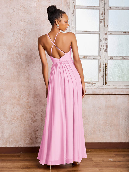 Plunging V-neck Criss-Cross Straps Ruched Chiffon Dresses with Slit Candy Pink