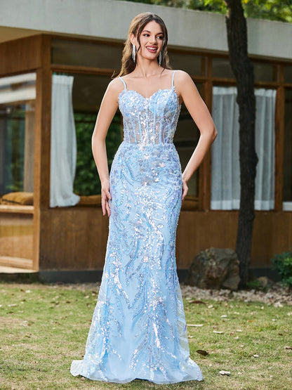 Sweetheart Sheer Top Sleeveless Sequin Applique Mermaid Long Gown Sky Blue