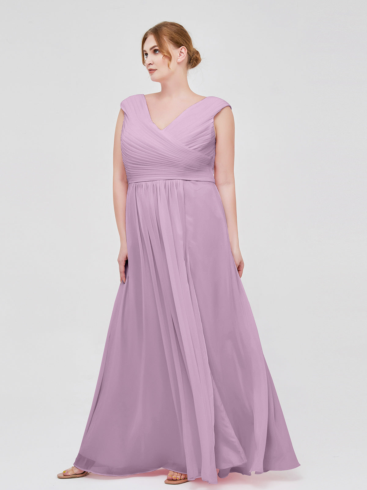 V Neck Chiffon Gown with Cap Sleeves Wisteria