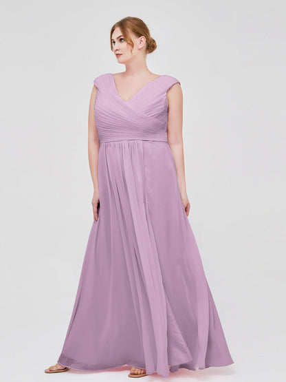 V Neck Chiffon Gown with Cap Sleeves Wisteria