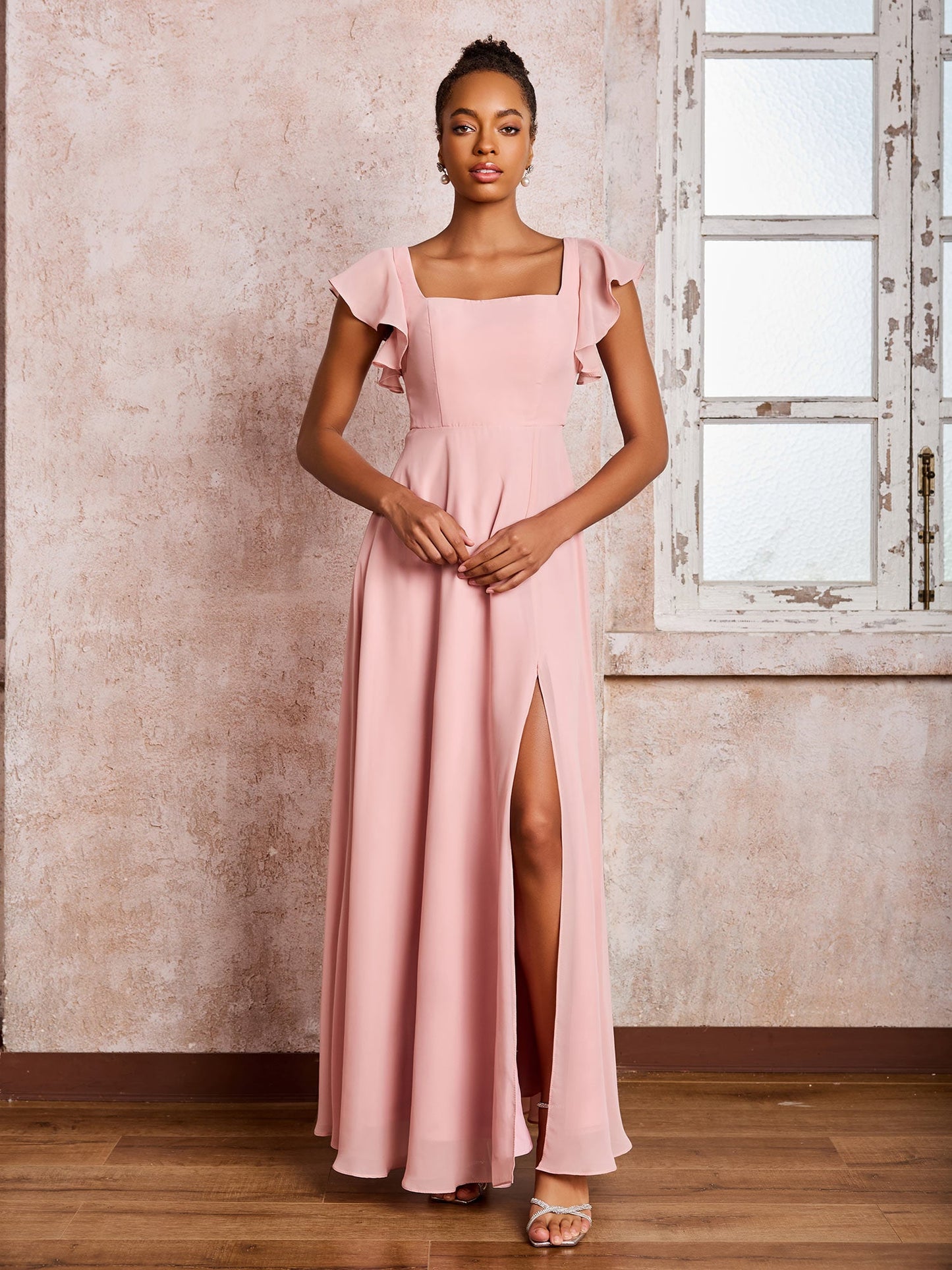 Flutter Sleeves Square Neck Backless Chiffon Dresses with Slit Dusty Rose