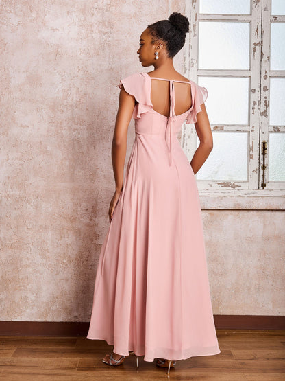 Flutter Sleeves Square Neck Backless Chiffon Dresses with Slit Dusty Rose