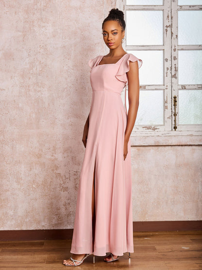 Flutter Sleeves Square Neck Backless Chiffon Dresses with Slit Dusty Rose