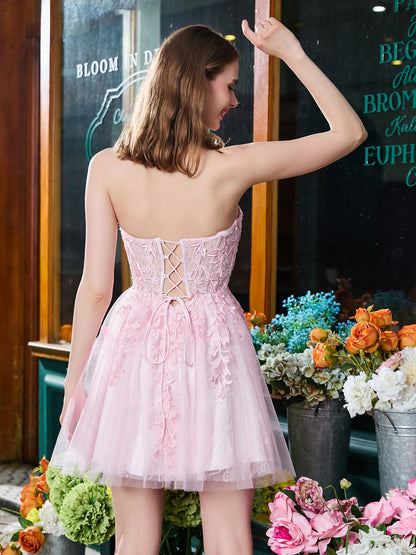 Sweetheart Strapless Applique Lace-up A-line Mini Dress Blushing Pink