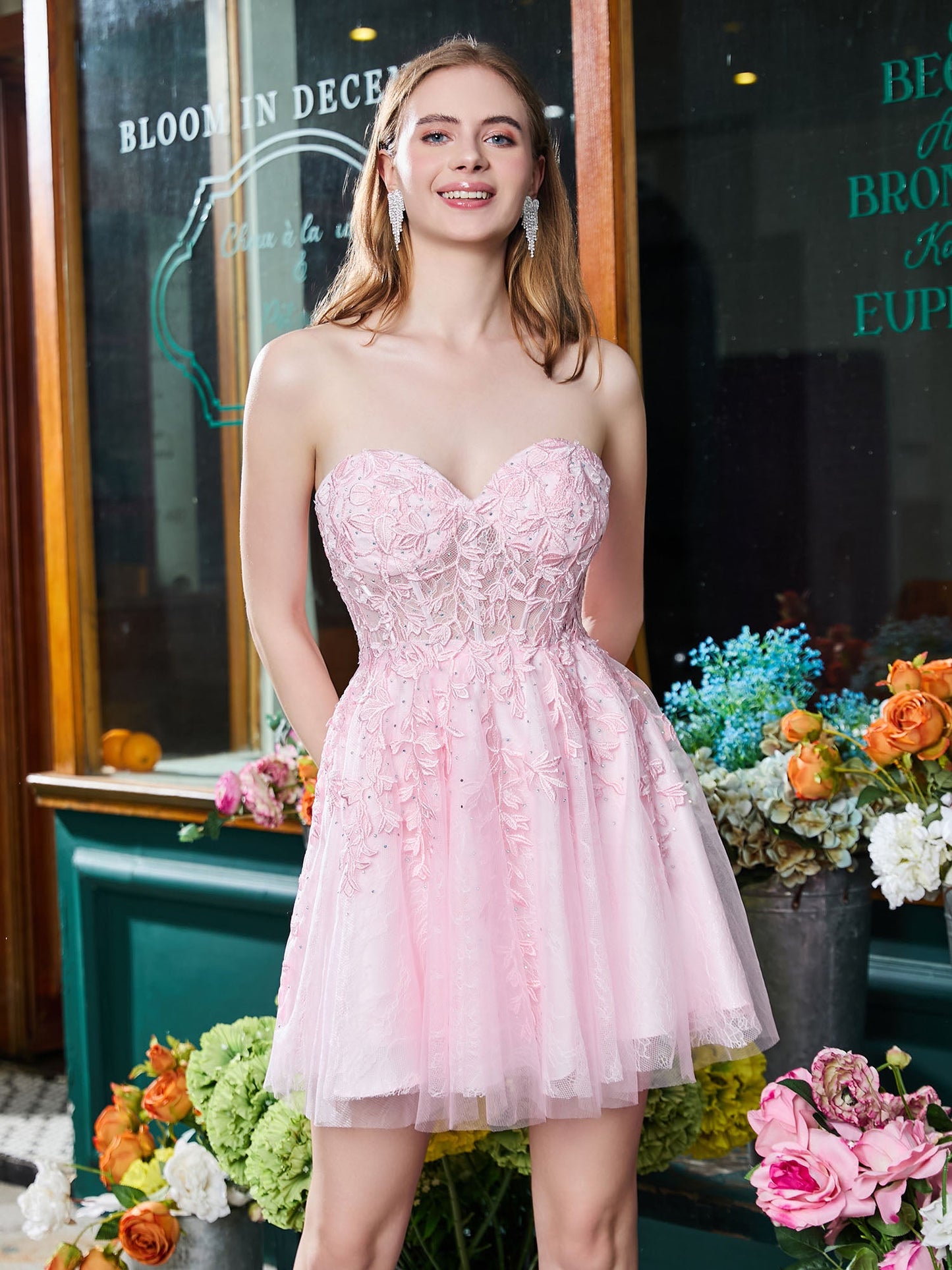 Sweetheart Strapless Applique Lace-up A-line Mini Dress Blushing Pink