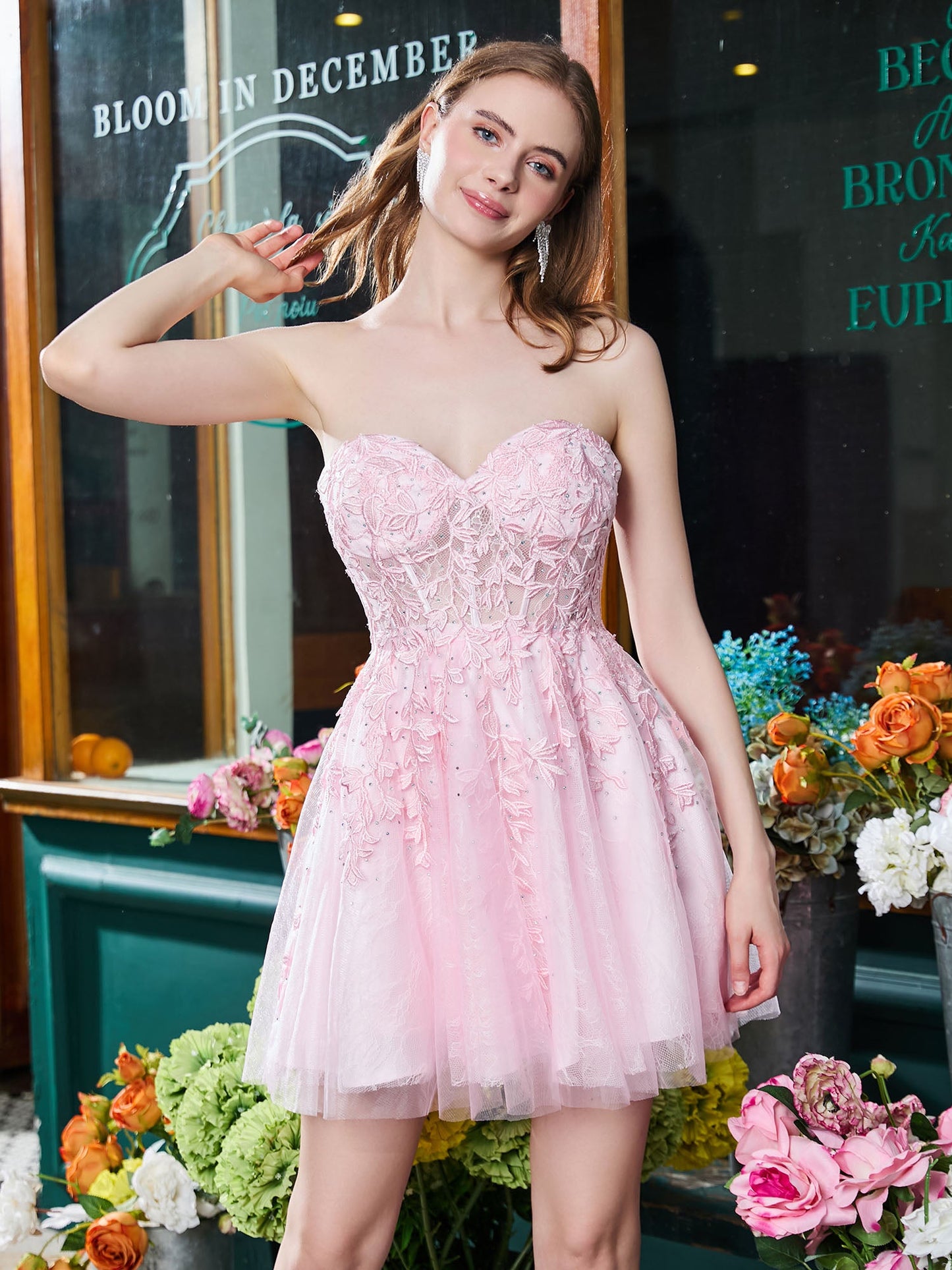 Sweetheart Strapless Applique Lace-up A-line Mini Dress Blushing Pink
