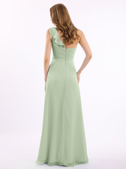 One ruffle Shoulder Long Bridesmaid Dress Dusty Sage