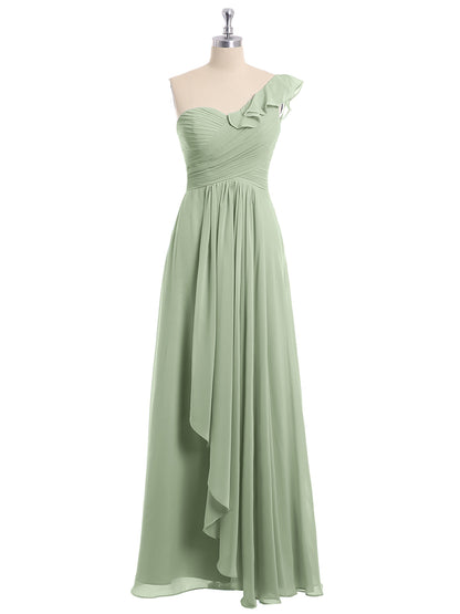 One ruffle Shoulder Long Bridesmaid Dress Dusty Sage