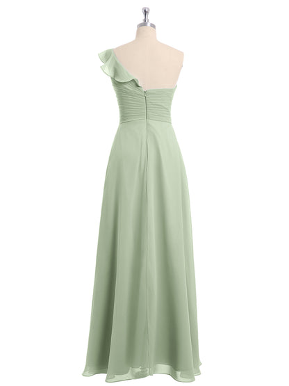 One ruffle Shoulder Long Bridesmaid Dress Dusty Sage