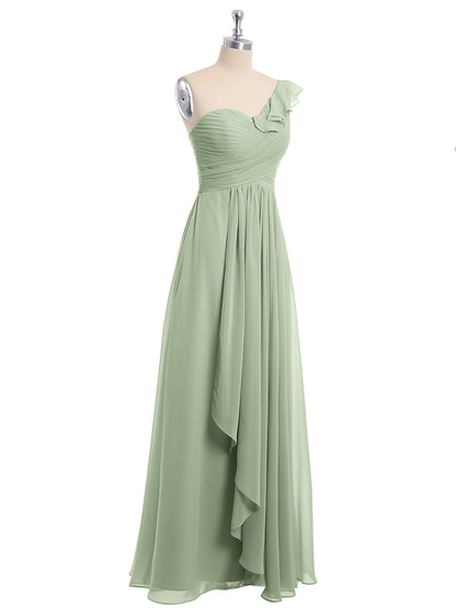 One ruffle Shoulder Long Bridesmaid Dress Dusty Sage