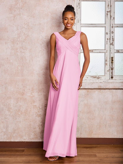 V-neck Pleated Sleeveless A-line Chiffon Dresses Candy Pink