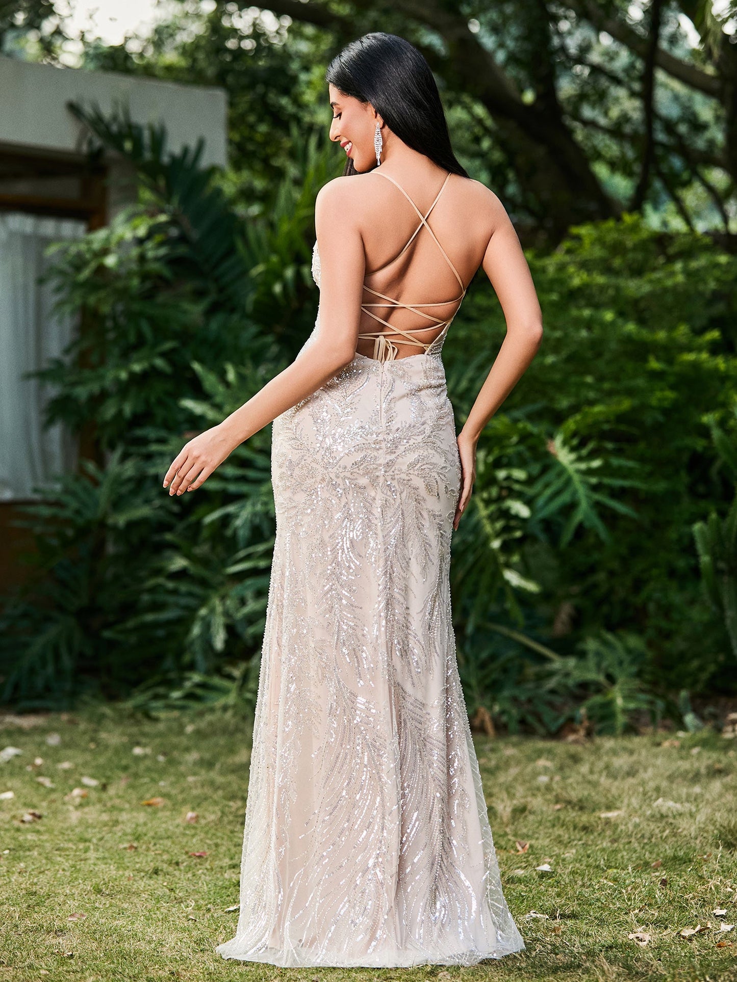 Spaghetti Strap Thigh Slit Slim Fit Long Dress with Side Waist Hollow Champagne