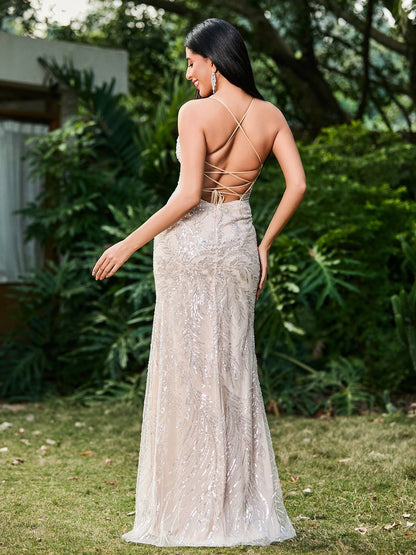 Spaghetti Strap Thigh Slit Slim Fit Long Dress with Side Waist Hollow Champagne