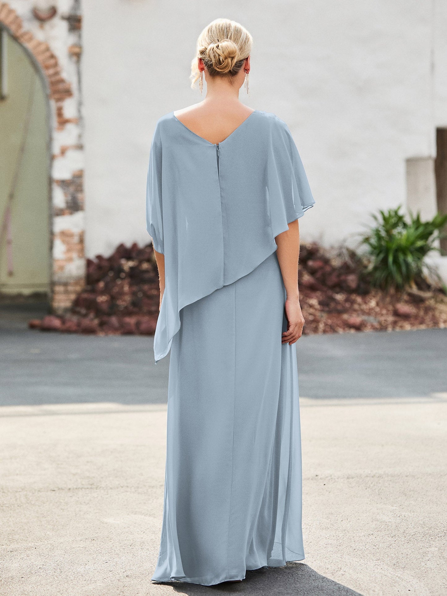 Flutter Sleeves Sheath Dress with Beaded Dusty Blue
